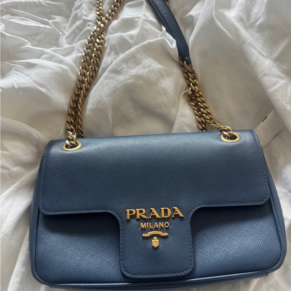Prada Navy Shoulder Bag with Gold Chain